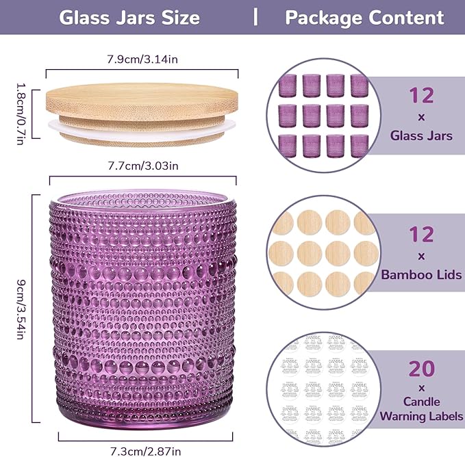 DARJEN 12 Pack Purple Candle Jars - 8 OZ Empty Glass Containers With Bamboo Lids and Labels for Making Candles, DIY Home Supplies