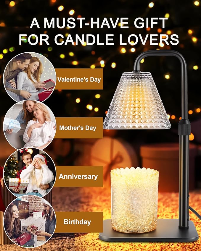 Candle Warmer Lamp with Timer Dimmer - Valentine's Day Birthday Gifts for Women Mom White Elephant Gifts Home Room Decor, Adjustable Height Wax Melt Warmer Lamp for Scented Jar Candles with 2 Bulbs