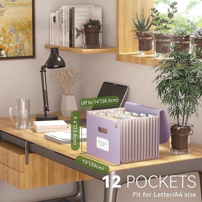 EcoStash Accordion File Organizer, 12-Pocket Wheat Straw Expanding File Folder, Portable Monthly Bill & Tax Receipt Organizer, Letter/A4 Size Document Holder with Colorful Tabs-Lavender Purple