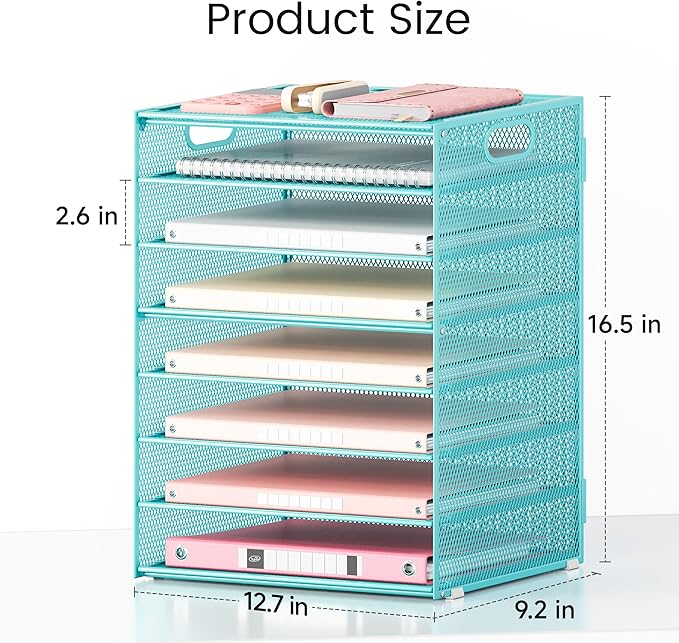 Lavatino 8-Tier Office Desk File Organizer, Letter Tray Paper Organizer with Handle, Including 5 Adjustable Slide Trays for Organizing Desktop Workspace Accessories and Supplies (Blue Metal Mesh)