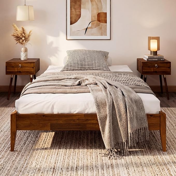 Bme Dinkee 15 Inch Signature Bed Frame Without Headboard - Modern & Minimalist Style with Acacia Wood - 12 Strong Wood Slat Support - Easy Assembly - No Box Spring Neededd - Dark Chocolate, Full