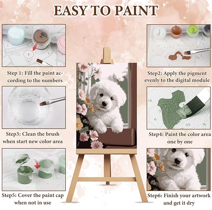 NAIMOER Dog Flowers Paint by Numbers Kits for Adults Beginner with Wooden Framed, Color by Numbers on Canvas Painting Kits for Adults, Easy Paint DIY Acrylic for Home Wall Decor 8X12 Inch