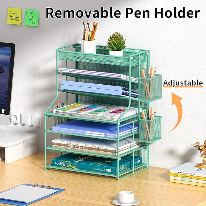 7 Tier Desk File Organizer,Metal Document Holder with Adjustable Shelves, Pull-Out Drawer & Removable Pen Holder for Office Organization,Green