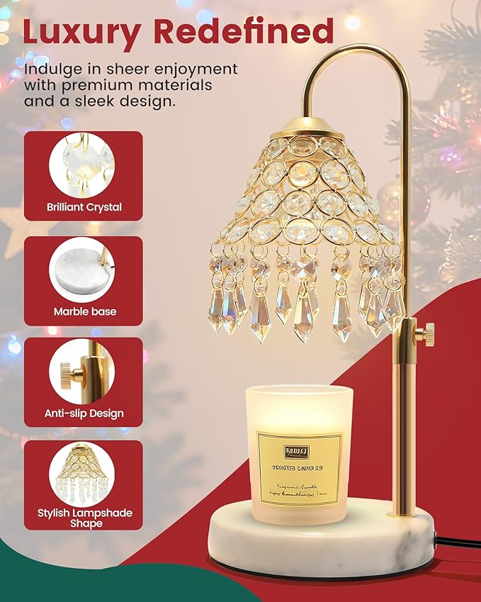 Crystal Candle Warmer Lamp with Timer and Dimmer - 2-in-1 Electric Wax Melt Burner & Dimmable Table Lamp, Adjustable Height Stand, White Marble Base, Birthday Gifts for Women, Elegant Home Decor