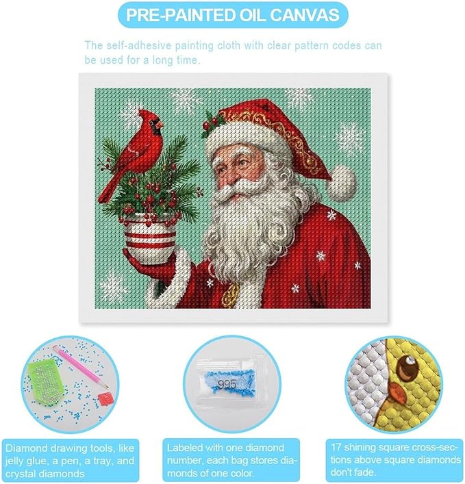 Diamond Painting Kits for Adults - Santa Claus & Red Bird Reindeer Christmas Berry Pine Cone Painting DIY 5D Full Drill Diamond Dots Paintings with Diamonds Gem Art And Crafts Home Decor 16"x20"