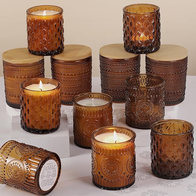 DARJEN 12 Pack Amber Candle Jars for Making Candles- 3 Styles Glass Candle Making Jars Bulk with Bamboo Lids and Labels, Candle Making Supplies Candle Vessels for Home Decor