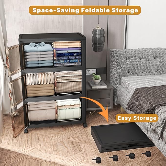 Extra Large Stackable Storage Bins with Lids & Wheels, Foldable Collapsible Closet Organizers Dark Storage Cabinet with Doors for Bedroom Dorm