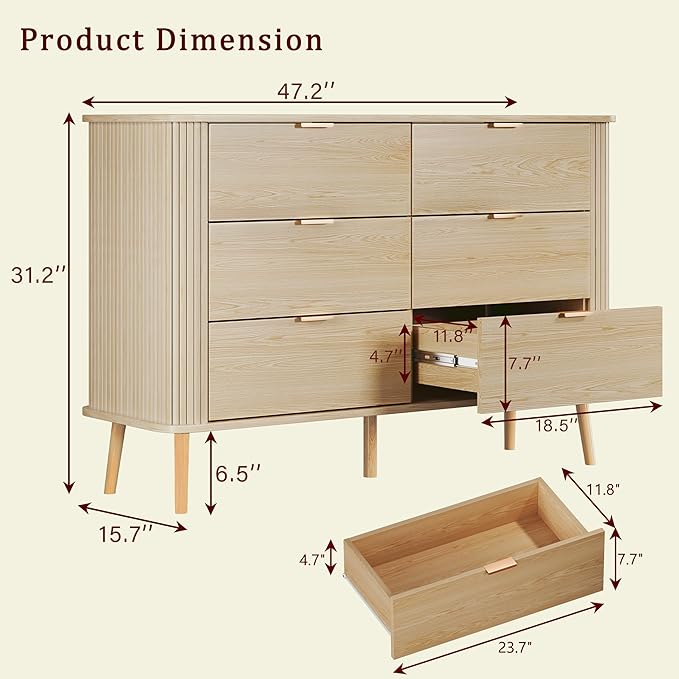 Fluted 6 Drawers Dresser for Bedroom, Mid Century Modern Chests of Drawers, Curved Profile Design, Wide Wood Storage Dresser for Entryway, Hallway, Oak