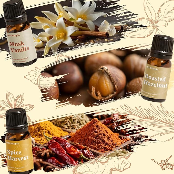 Diffuser Essential Oils, Aromtopia Fall Fragrance Oil for Candle Making, Essential Oils for Diffusers for Home, 6x10ml Autumn Set, Soap Making Scents, Pumpkin Pie, Musk Vanilla, Autumn Wildness, More