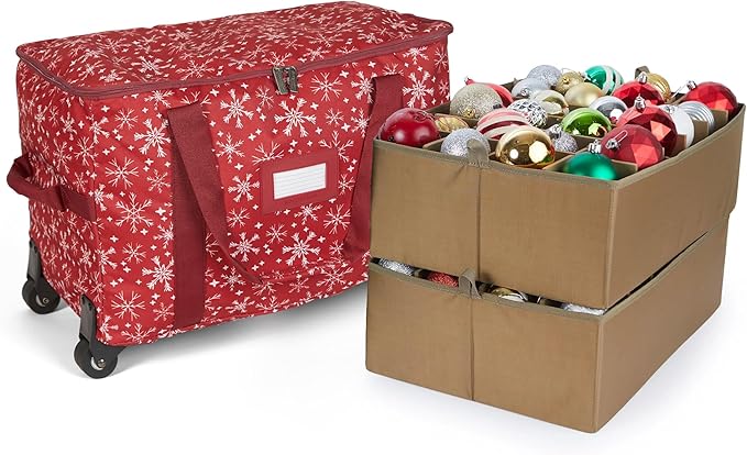 Covermates Keepsakes Rolling Adjustable Ornament Storage Bag – Heavy-Duty Polyester, FlexGrid Trays & Padded Dividers – Protective Holiday Organizer with Wheels, Handles & ID Window, Red Snowflake