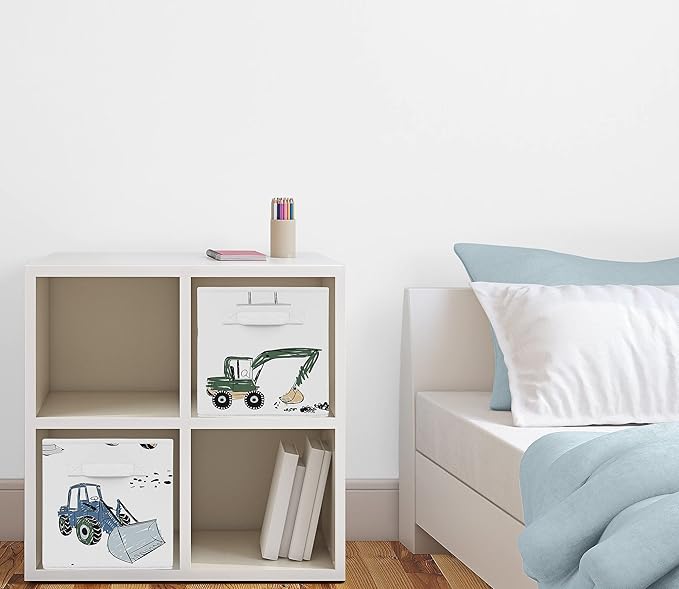 Sweet Jojo Designs Construction Truck Foldable Fabric Storage Cube Bins Boxes Organizer Toys Kids Baby Childrens - Set of 2 - Grey Yellow Black Blue and Green Transportation