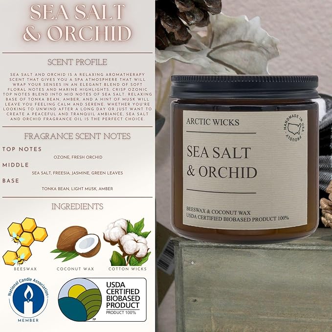 Sea Salt & Orchid Candles | Arctic Wicks Coconut Beeswax Candles | 16oz Amber Scented Candle for Spring Summer Decor Gifts Marine Ocean Mist Sea Salt Beach Non-Toxic Candle | USDA Certified Biobased