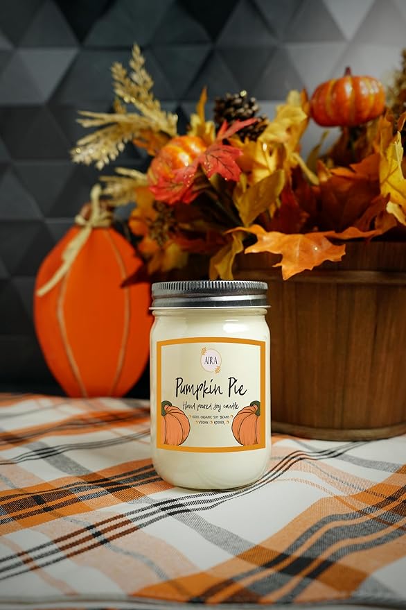 Aira Soy Candle – Pumpkin Pie – 12 oz Mason Jar – Hand-Poured USA – Long-Lasting Vegan Soy Wax Candle – Cozy Fall & Holiday Aroma – Paraffin-Free, Kosher, Cruelty-Free