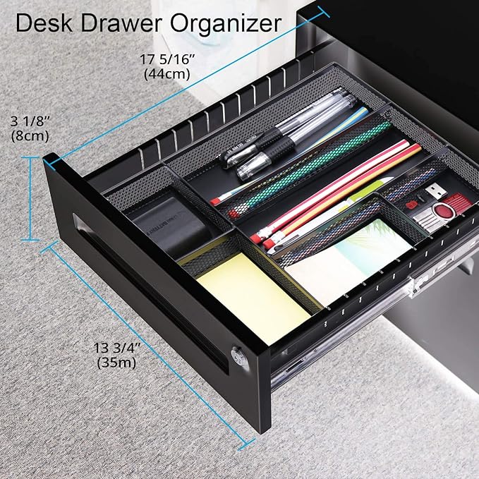 Drawer Organizer, Desk Organizer, Black Metal Mesh Drawer, Desk Drawer Organizer for Home Office and School,11.02X 6.10 X 1.38 Inch,Black