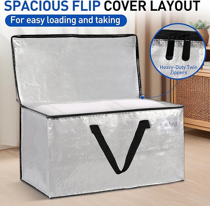 Rolett 4 Pack Extra Large Moving Bags, Heavy Duty Storage Bags with Strong Zippers & Carrying Handles, Storage Totes for Space Saving, Fold Flat, Alternative to Moving Box and bins