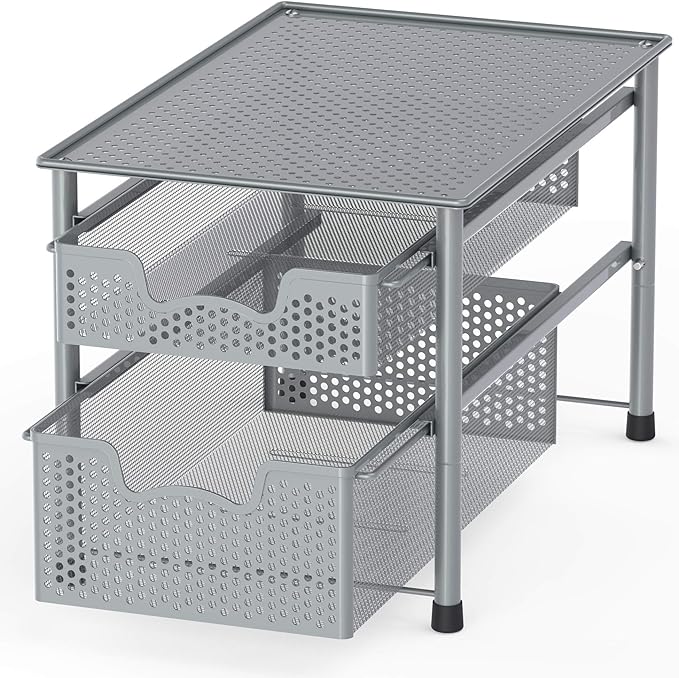Simple Houseware Stackable 2 Tier Sliding Basket Organizer Drawer, Silver