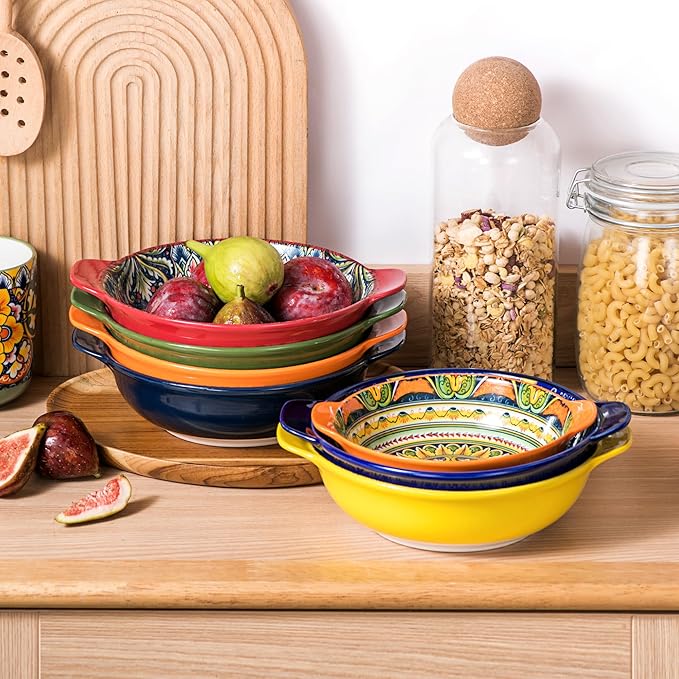Henten Home Porcelain Pasta Bowls with Handle - 30 oz Ceramic Soup Bowls Set of 6, Colorful Serving Dishes for Salad, Cereal, Dinner, Bohemian Style, Microwave & Dishwasher Safe