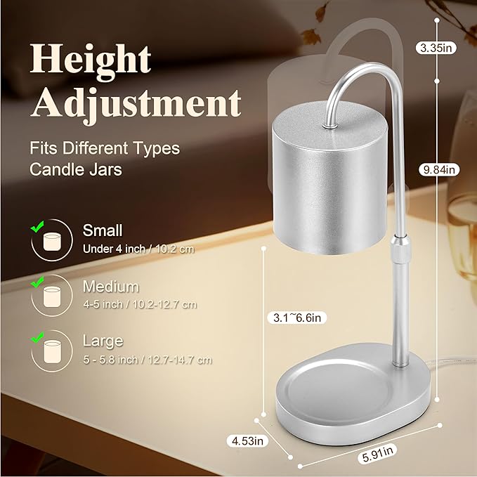 Dreamholder Electric Candle Warmer Lamp with Timer & Dimmer, Adjustable Height Wax Melt Warmer for Jar Candles, Wood Base Candle Melter, Floral Home Decor Gifts for Women, Mom, Silver