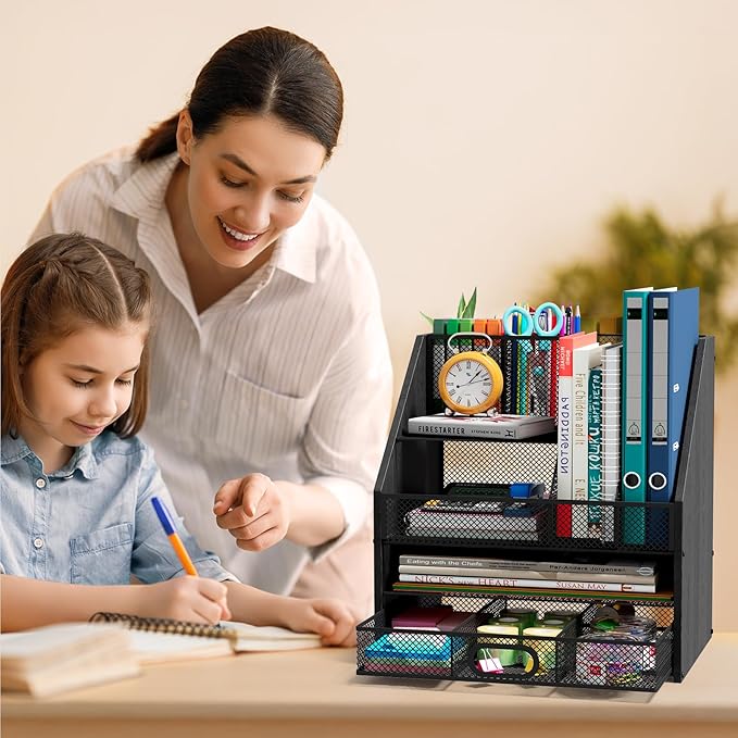 Homsorout Wooden Desk Organizer - Mesh File Organizer with Drawers and Pen Holder - 4-Tier Vertical Paper Letter Storage Tray, Desktop Organizers and Accessories for Home Office (Black