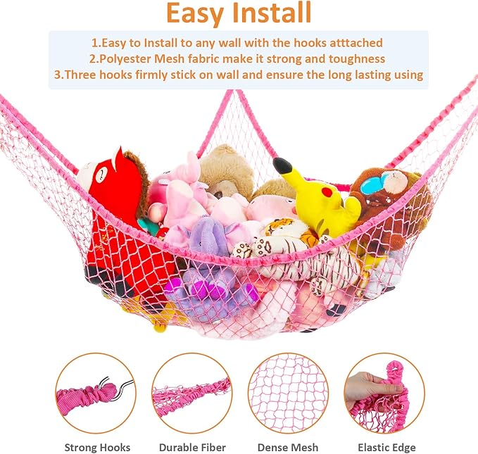 Toy Hammock, Stuffed Animals and Toy Storage Hammock Net, 70" Jumbo Wall Sling Corner Extra Large Kids Children Mesh Toy Net Organizer