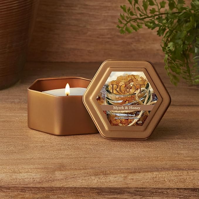 Root Candles Scented Candles in Travel Tin 24-Hour Honeycomb Traveler Handcrafted Beeswax Blend Candle, 4-Ounce, Myrrh & Honey