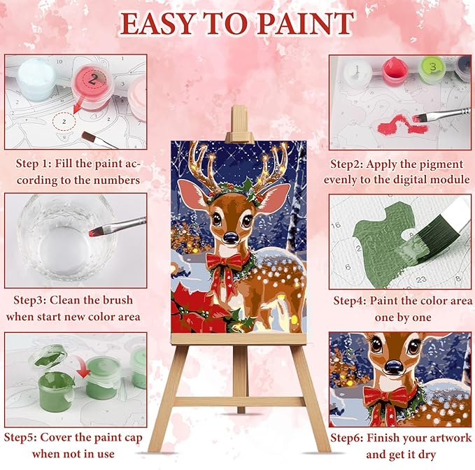 NAIMOER Christmas Deer Paint by Numbers Kits for Adults Beginner with Wooden Framed, Color by Numbers on Canvas Painting Kits for Adults, Easy Paint DIY Acrylic for Home Wall Decor 8X12 Inch