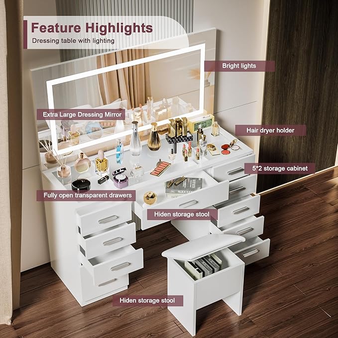 Vanity Desk with Mirror and Lights, 50" Makeup Vanity with Glass Top & Power Outlet, White Vanity with 11 Drawers & 8 Hidden Storage Shelves, 3 LED Lighting Modes Adjustable for Bedroom (WHITE)