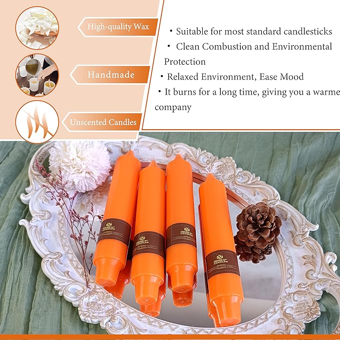 Unscented Taper Candle 4 PCS Orange Candle 7 inch Colored Candlesticks Smokeless Candle for Halloween Thanksgiving Day Dinner Household Décor Candlesticks