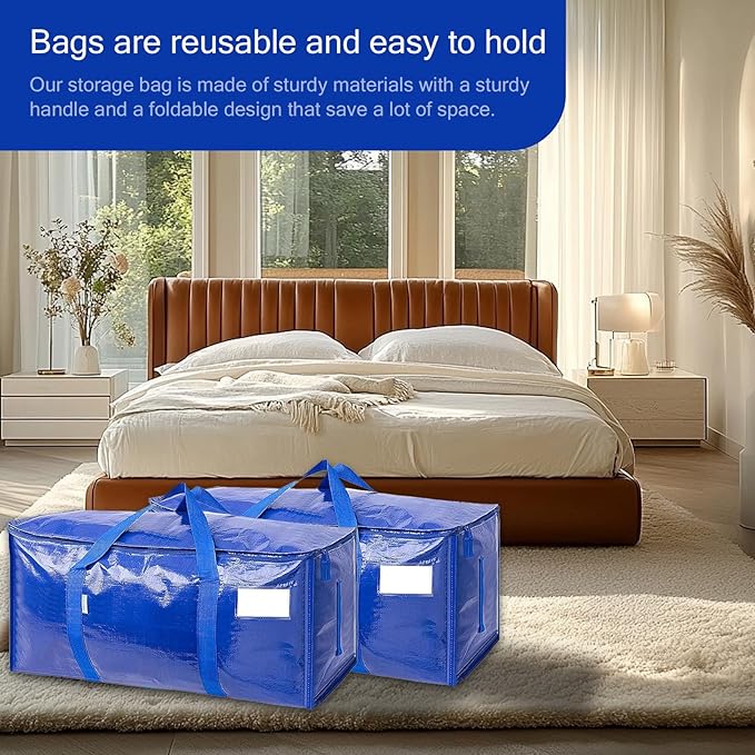 Extra Large Storage Bags, 23 Gallon Capacity, Pink Waterproof Moving Totes with Handles and Label Pocket, Heavy Duty Zipper (2 Pack Blue)