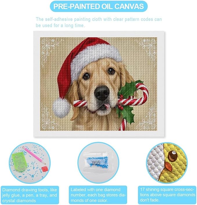 Diamond Painting Kits for Adults - Christmas Golden Retriever Puppy in Santa Hat with Candy Cane Painting DIY 5D Full Drill Diamond Dots Paintings with Diamonds Gem Art And Crafts Home Decor 16"x20"