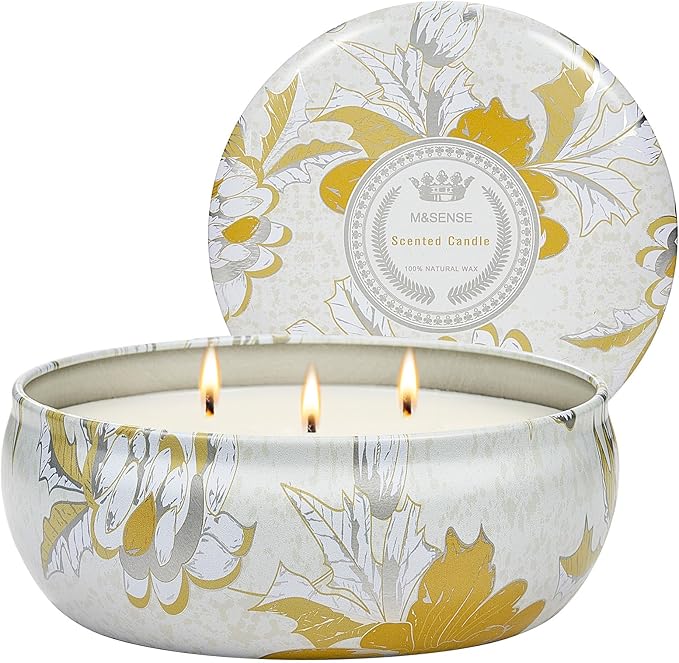 M&SENSE Sunkissed Citrus Scented Candles 12 oz,Large 3 Wick Soy Tin Candle, Over 40 Hour Burning Time, 100% Natural Vegan Wax Relaxing Aromatherapy Aesthetic Candle Gift for Women Men