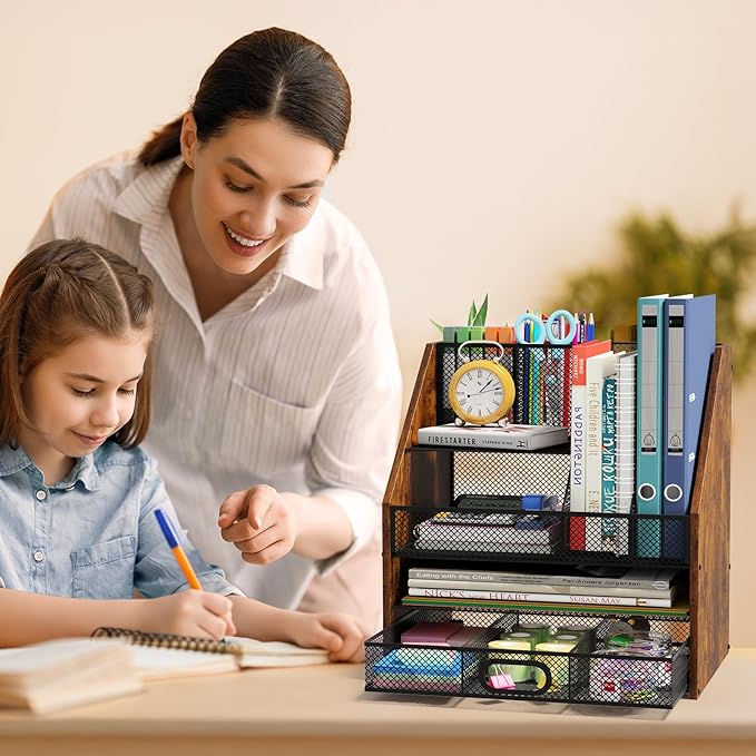Homsorout Wooden Desk Organizer - Mesh File Organizer with Drawers and Pen Holder - 4-Tier Vertical Paper Letter Storage Tray, Desktop Organizers and Accessories for Home Office