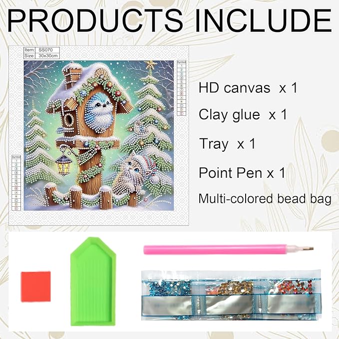Diamond Painting Bird on Birdhouse with Cat and Christmas Tree, 5D DIY Special Shaped Diamond Art Kits for Adults, Crystal Rhinestones Holiday Winter Canvas, Christmas Home Wall Decor Crafts Gift