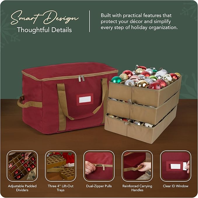 Covermates Keepsakes Adjustable Ornament Storage Bag – Heavy-Duty Polyester, Padded Dividers & FlexGrid Trays – Protective Holiday Ornament Organizer with Handles & Label Window, Red