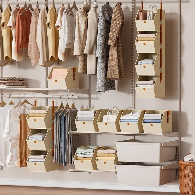 Hanging Closet Organizer 4 Tier - Clothes Hanging Shelves, Space-Saving Closet System, Fabric Storage Bins Bedroom Organization, Collapsible Baskets for Home, Dorm, Rv, Beige, 8 Pack