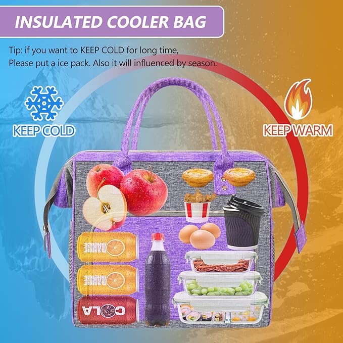 IDEATECH Insulated Lunch Bag Women, Stylish Adult Lunch Box for Working Mom, Leakproof Large Cooler Tote with Adjustable Strap & Pockets for Office Picnic Travel (Purple)