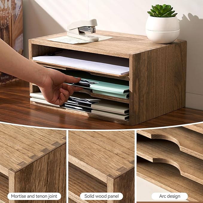 KIRIGEN Wooden Desktop Organizer Paper Storage Letter Tray File Sorter with 3 Layer Trays - Desk Rack Magazine File Dividers Holders for Home Office Accessories Dark Brown (3KWJG-DBR)