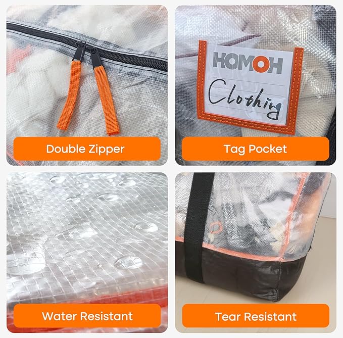 4 Pack Large Moving Bags, 115lb Capacity Heavy Duty Moving Totes with Wrap Around Handles, Clear Storage Bags with Internal Compression Straps, Alternative to Moving Boxes -103L,Clear and Black