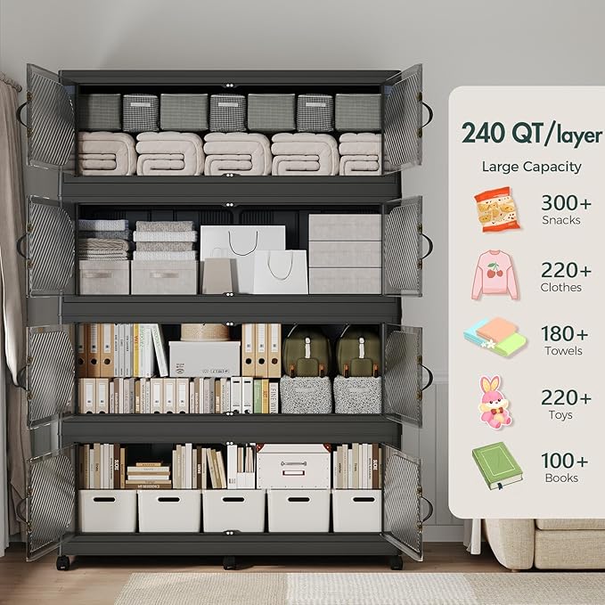 180GAL Plastic Storage Bins with Lid, 720QT Extra Large Stackable Closet Organizers and Storage, Collapsible Storage Boxes with Wheels, Folding Cabinet for Home Kitchen Office, 3Pack Black