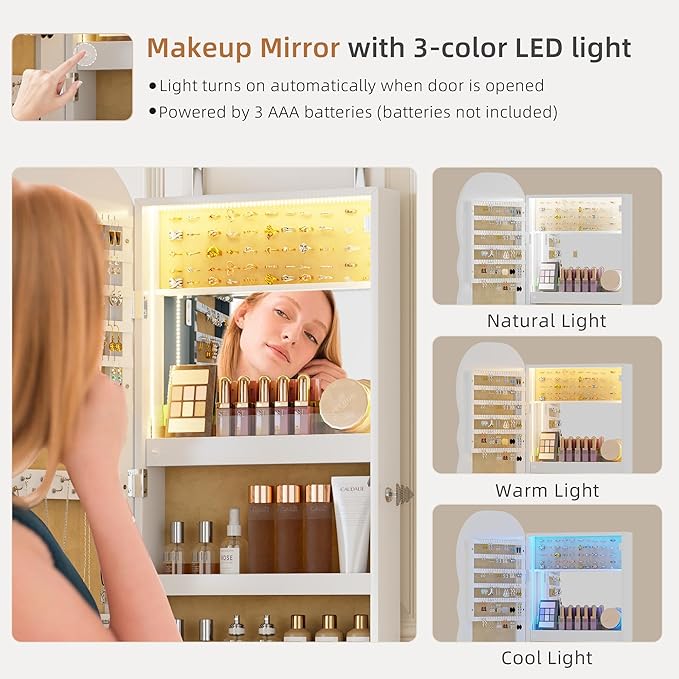 Lvifur Jewelry Armoires with LED Lights, Hanging Jewelry Storage Cabinet Lockable Wavy Mirror Jewelry Organizer, Lockable Frameless Mirror with Storage, LED Jewelry Cabinet Wall/Door Mounted(White)