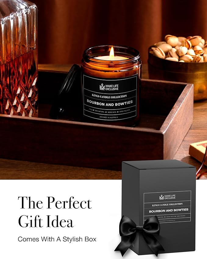 Scented Candles for Men | Bourbon Scented & Bowties | Wooden Wick, Long Lasting, Masculine Scents | Natural Soy Jar Candle for Home, Bacehlor Pad Decor | The Perfect Mens Gift