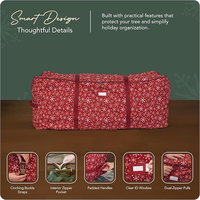 Covermates Keepsakes Christmas Tree Cinch Bag – Durable Polyester Tree Storage with Reinforced Handles & Built-in Cinch Straps – Trees, Lights & Holiday Décor, Red Snowflake