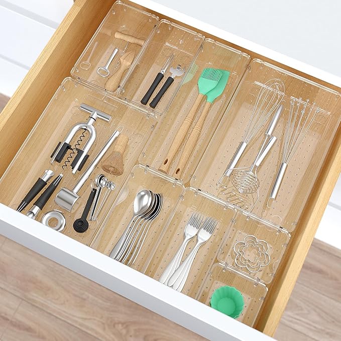 StorMiracle 13 PCS Clear Plastic Drawer Organizers Set, 4 Size Desk Drawer Organizer Trays for Makeup, Jewelry, Kitchen Utensils, Gadgets and Office Accessories