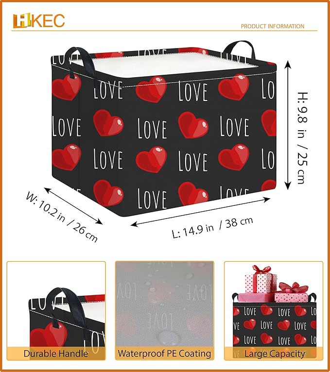Rectangle Storage Basket with Handles,Collapsible Storage Bin,Books Box,Gift Basket(Red Heart)