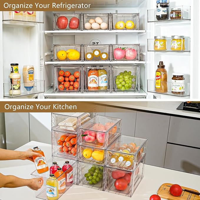 Clemate 8Pack Stackable Kitchen Storage Organizer, Pantry Organizers and Storage, Clear Foods Organizer Bins with Handles, Easily Assemble for Bathroom, Kitchen, Pantry, Cabinet, Closet