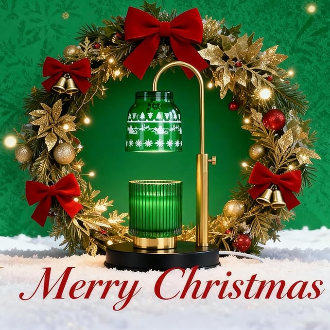 AIKUT Christmas Candle Warmer Lamp, with 2 Bulbs,Timer & Dimmer,Compatible with Large Yankee Candle Jars,3 Wick Candles,Height Adjustable Electric Top Candle Melter,Green,110-120v,Mother's Day Gifts