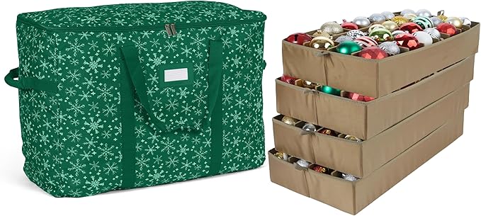 Covermates Keepsakes Adjustable Ornament Storage Bag – Heavy-Duty Polyester, Padded Dividers & FlexGrid Trays – Protective Holiday Ornament Organizer with Handles & Label Window, Green Snowflake