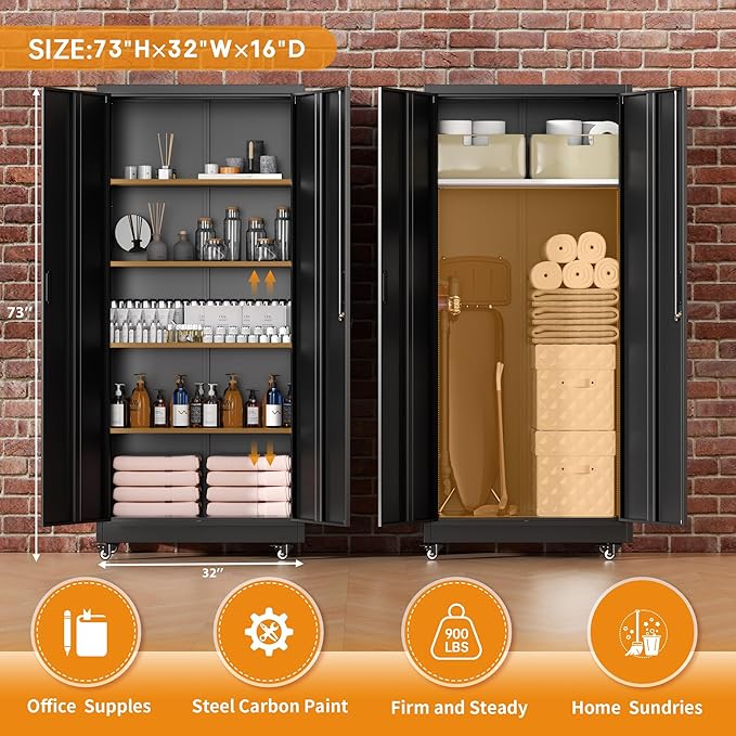 Greenvelly 73" Metal Storage Cabinet with Wheels, Lockable Rolling Metal Garage Cabinets with 2 Doors and 4 Adjustable Shelves, Rolling Tool Cabinet for Garage, Home Office, School