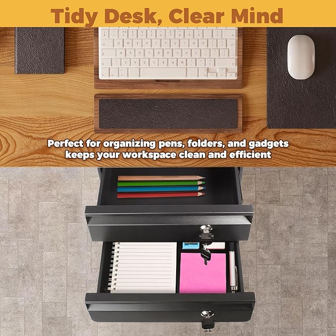 14.17" D Double Under Desk Drawer,Under Desk Pull out Storage Organizer with Lock and Keys,Adjustable Height, Metal Storage Drawer with Slide Extension Mounted Under Flat Wooden Table or Workbench
