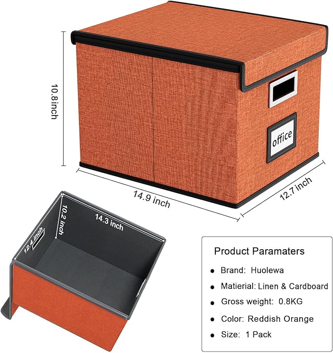 Huolewa File Organizer Box with Lid, Collapsible File Folder Organizer for Office Document Storage, Filing Box with Plastic Slide for Letter Size Hanging File Folders(1 Pack, Reddish Organge)
